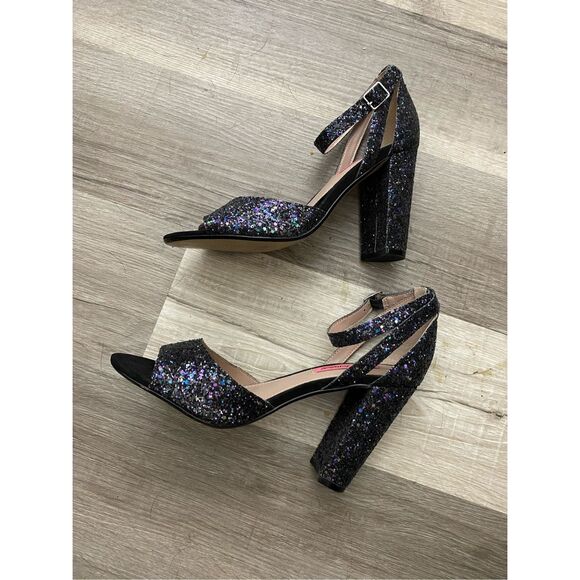 Betsey Johnson Glissten Black Blue Sparkle Peeptoe Heel Shoe, Sz 8.5, MSRP $109 - Picture 2 of 10